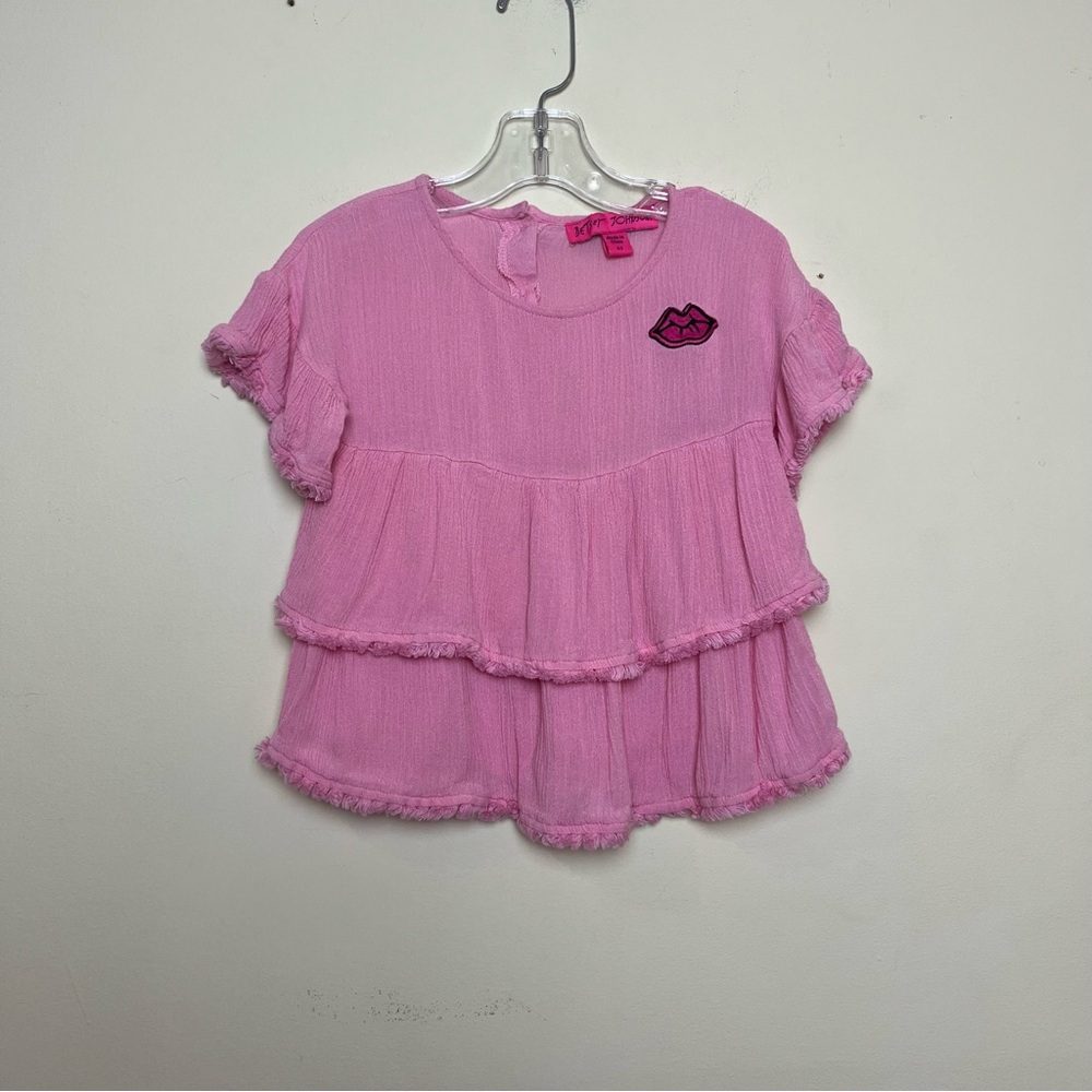 Betsey Johnson Girls 4T Pink Kisses Lips Tiered Short Sleeve Top Shirt